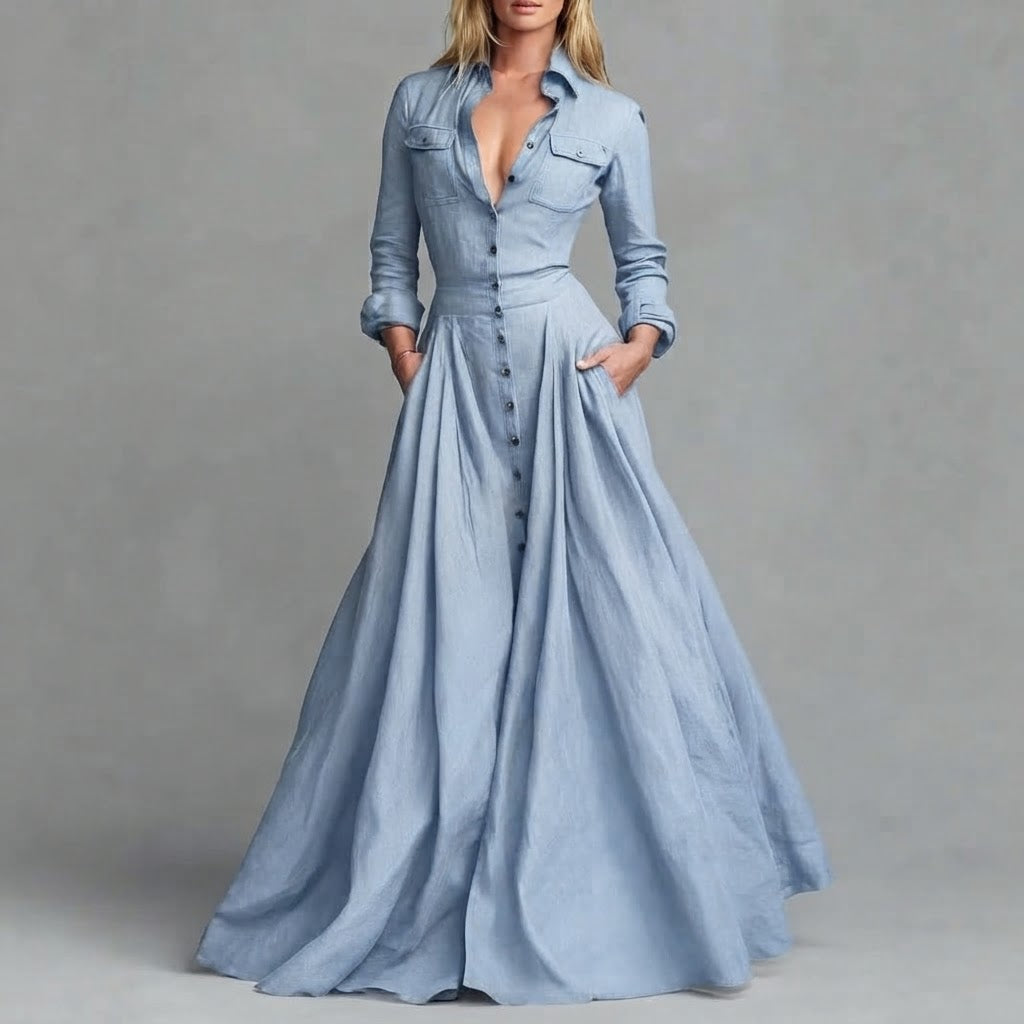 Hochgeschnittenes Langarm-Maxikleid mit Kragen und Knopfleiste