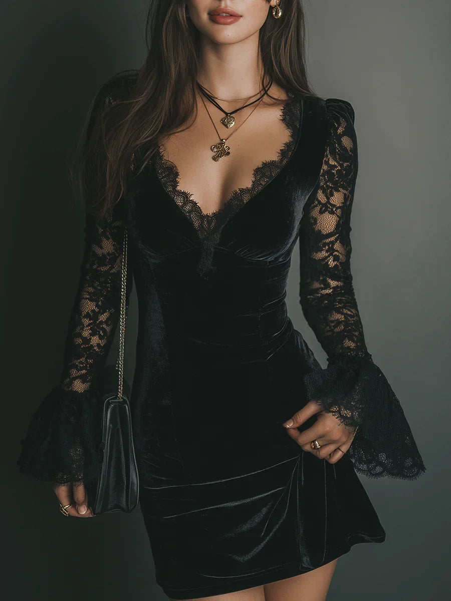 Damen Cocktailkleid Mini Schwarz Samt Spitze Langarm