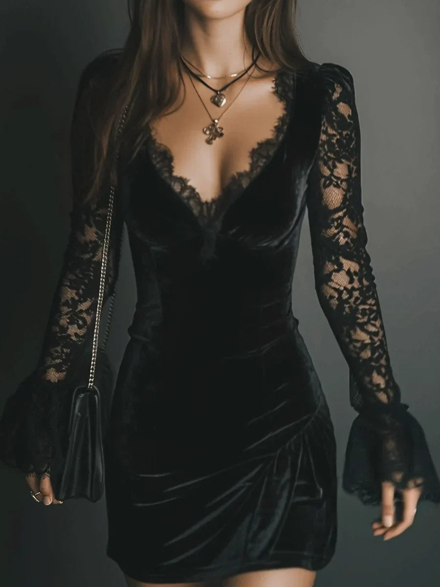 Damen Cocktailkleid Mini Schwarz Samt Spitze Langarm
