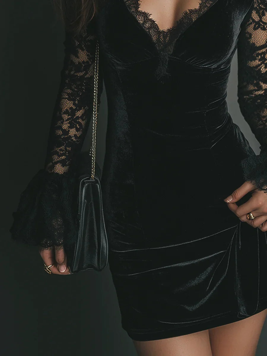 Damen Cocktailkleid Mini Schwarz Samt Spitze Langarm