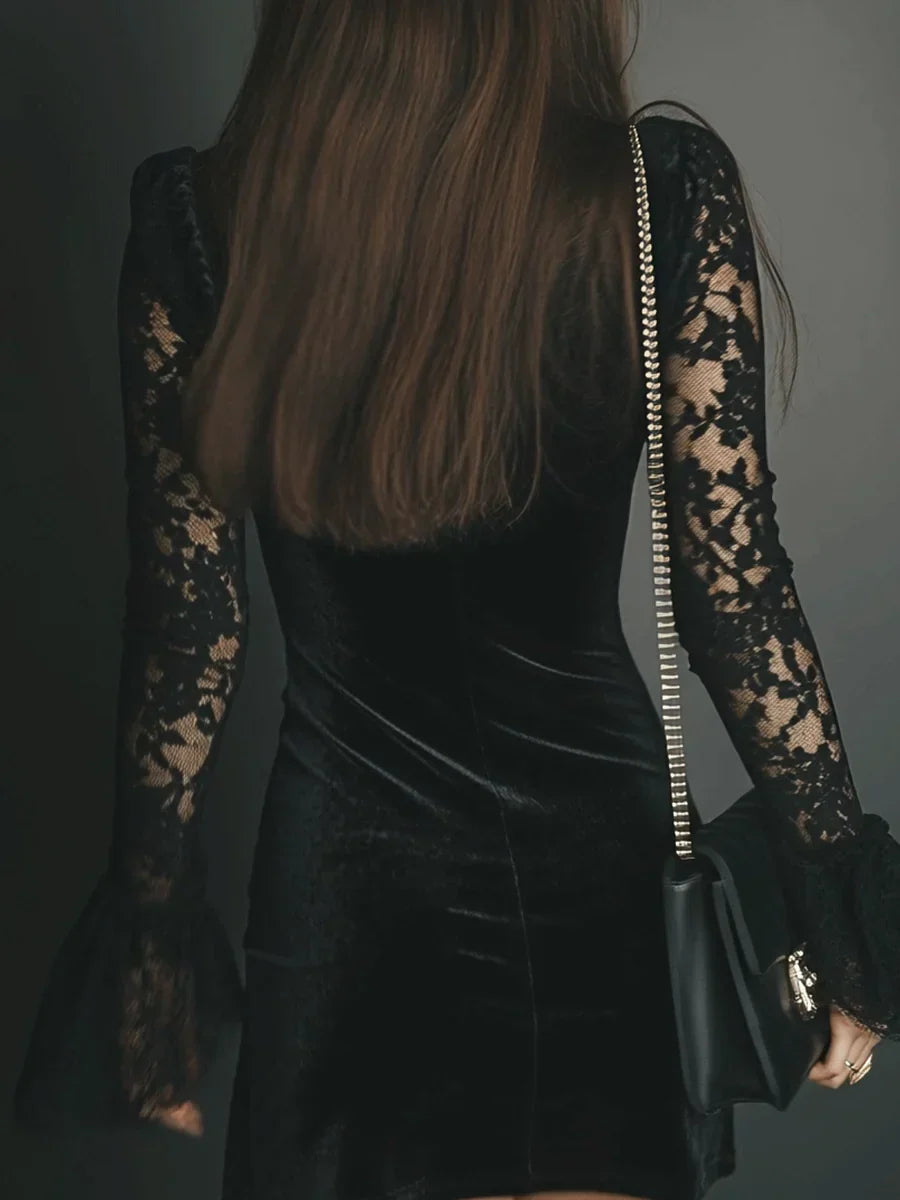Damen Cocktailkleid Mini Schwarz Samt Spitze Langarm