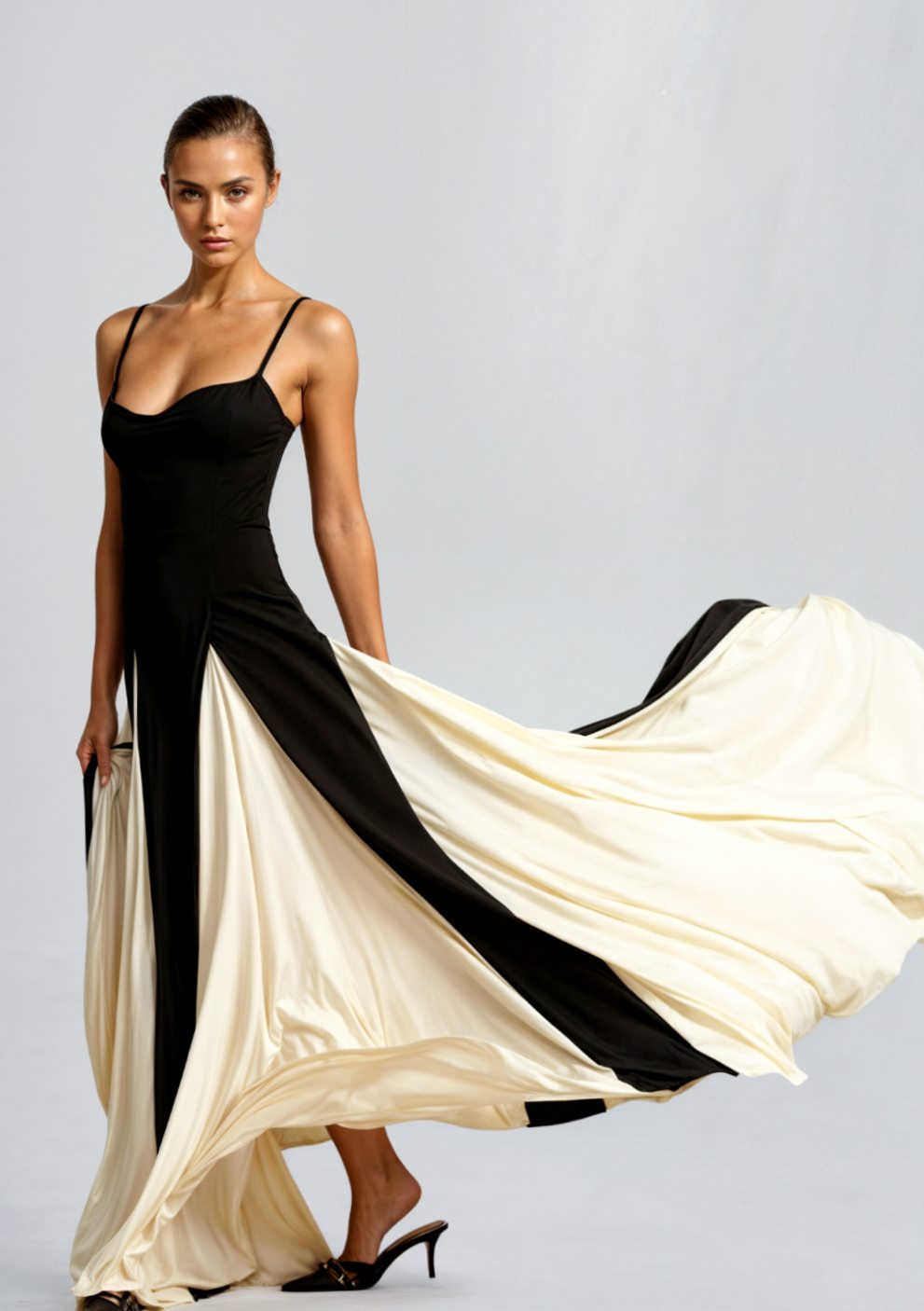 Damen Formelles Maxi-Kleid mit Herzausschnitt und zweifarbigem ausgestelltem Rock
