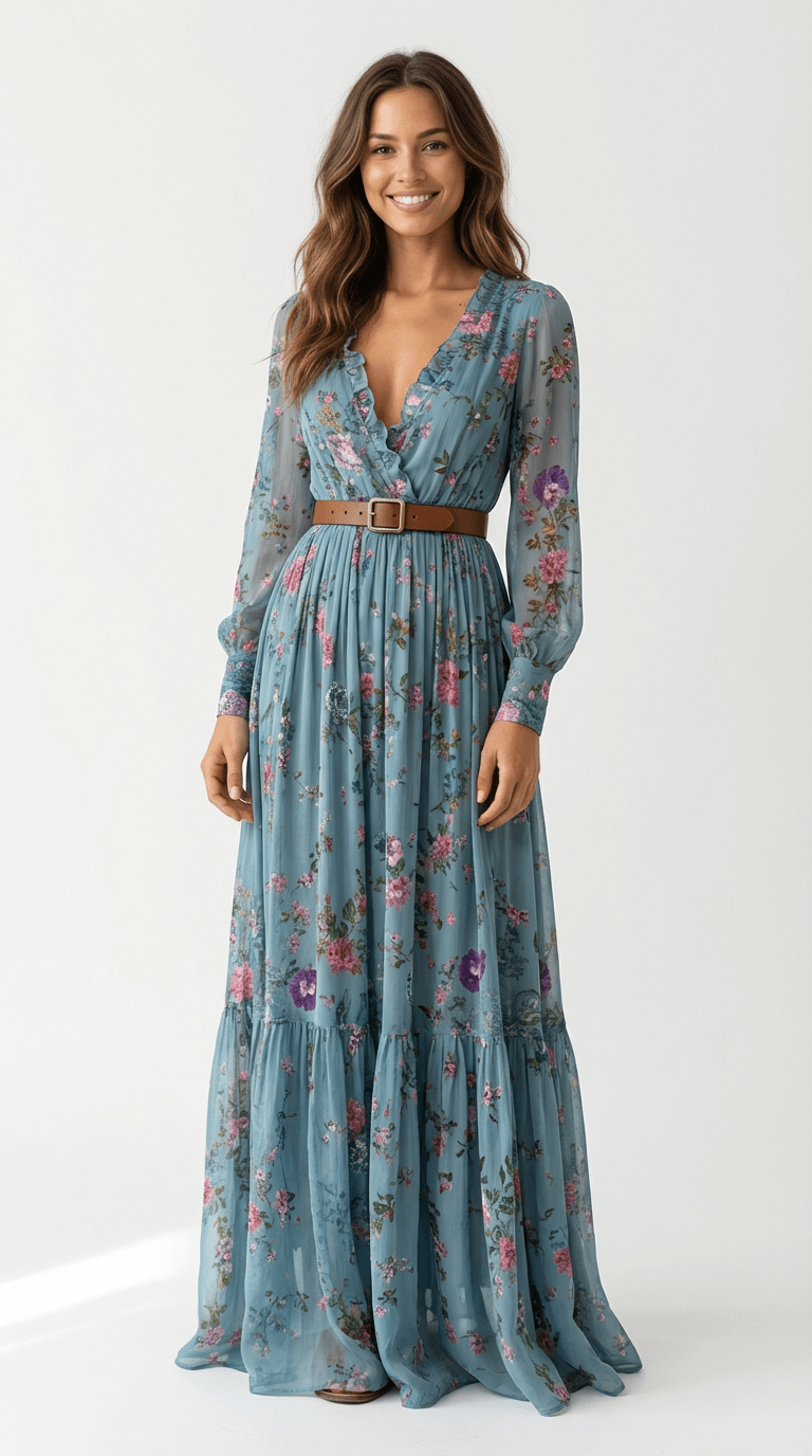 Damen Maxi Boho Kleid mit Blumendetail, langen Ärmeln und Stufenrock