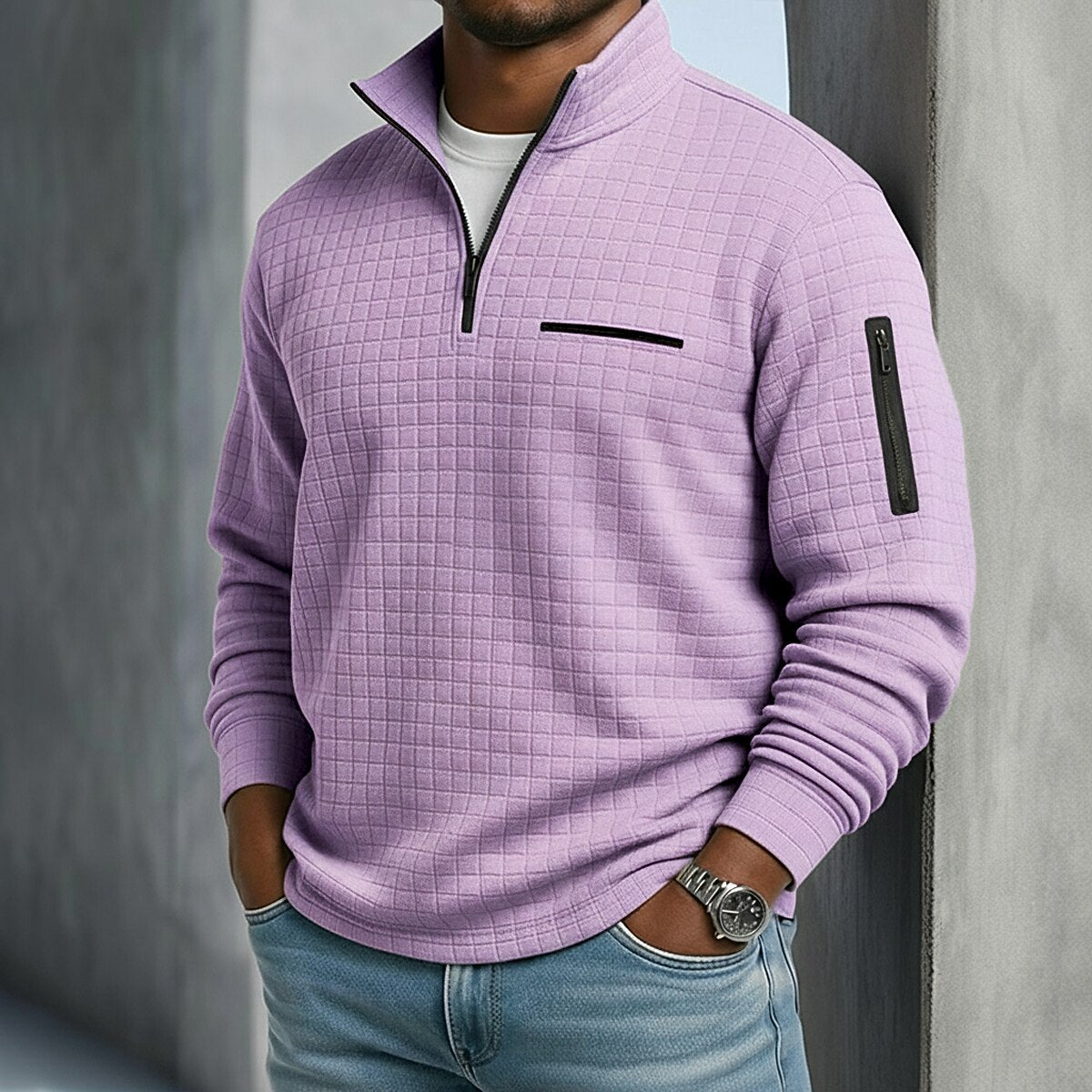 Klassisches Waffle-Poloshirt mit Viertel-Reißverschluss