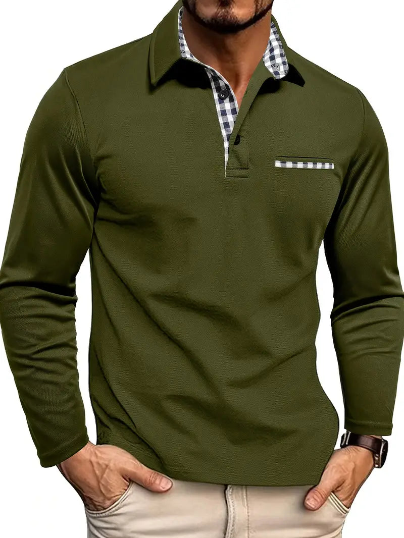 Langarm-Poloshirt mit Karo-Kontrastkragen