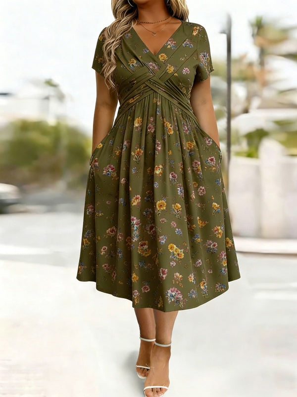 Damen V-Ausschnitt Blumendruck Kleid mit Taillendrehung