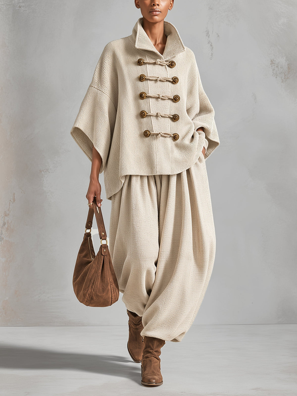 Oversized Oberteil mit Lagen-Kragen und Knebelverschluss und weite Hose Set