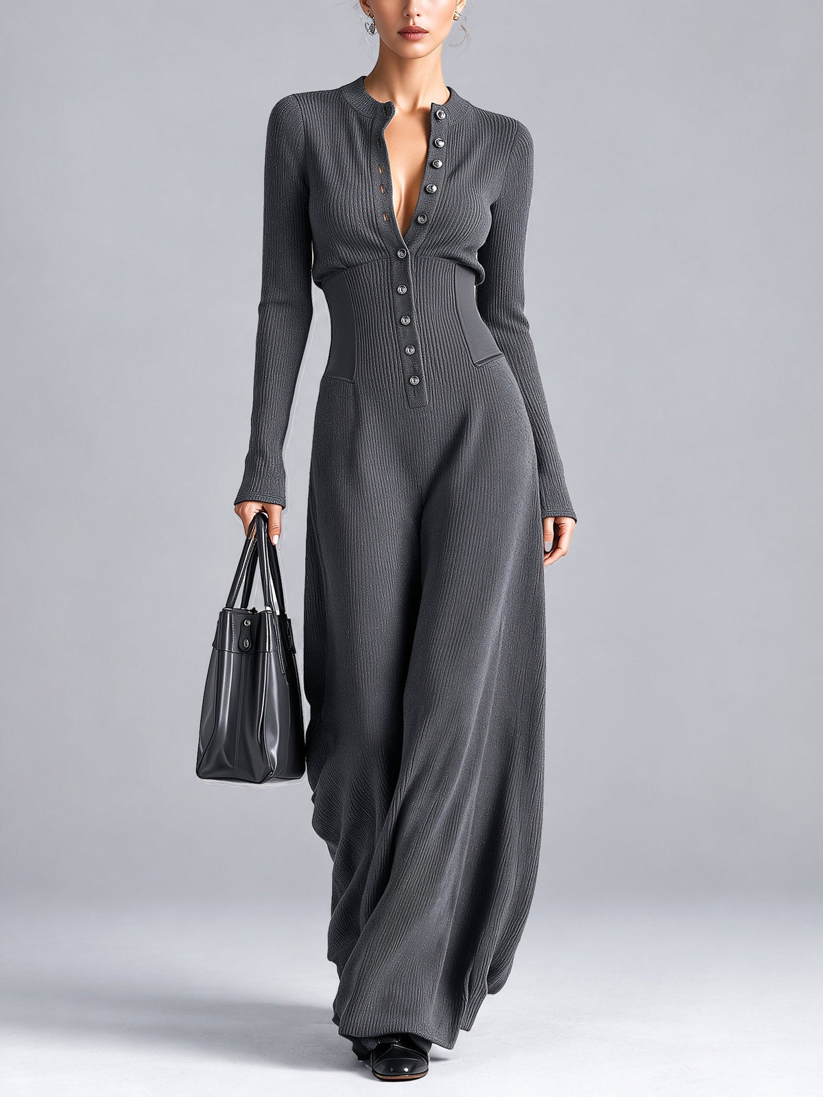 Graues Maxikleid mit Knopfleiste und taillierter Taille