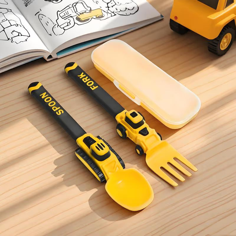 Baufahrzeug Kinder-Besteckset | 3-teiliges Fütterungsset mit Löffel, Gabel & Aufbewahrungsbox | Weicher Griff | Spülmaschinenfest | Perfekt für Reisen & Zuhause | Geschenkset Besteck