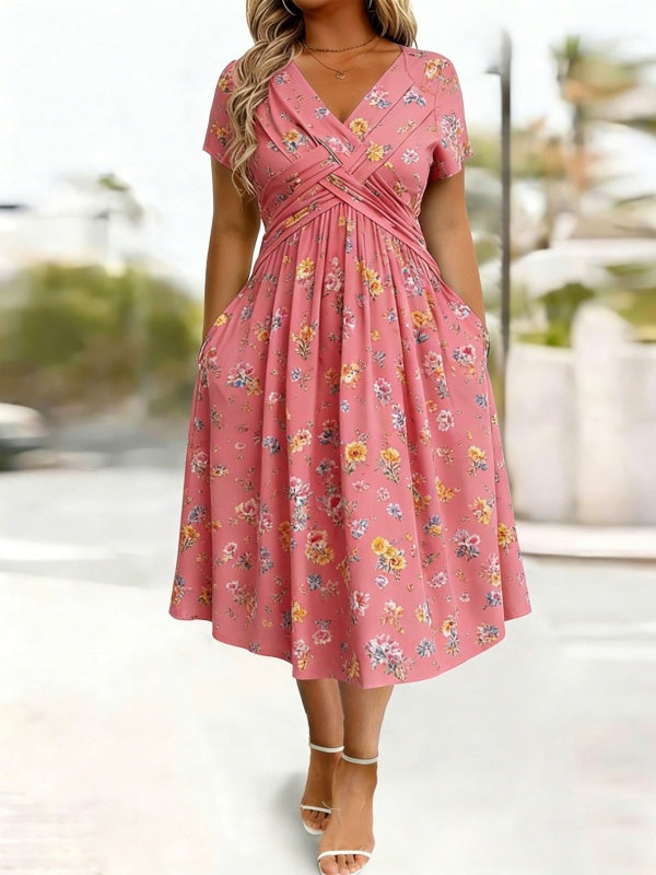 Damen V-Ausschnitt Blumendruck Kleid mit Taillendrehung