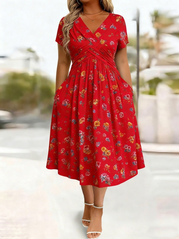 Damen V-Ausschnitt Blumendruck Kleid mit Taillendrehung
