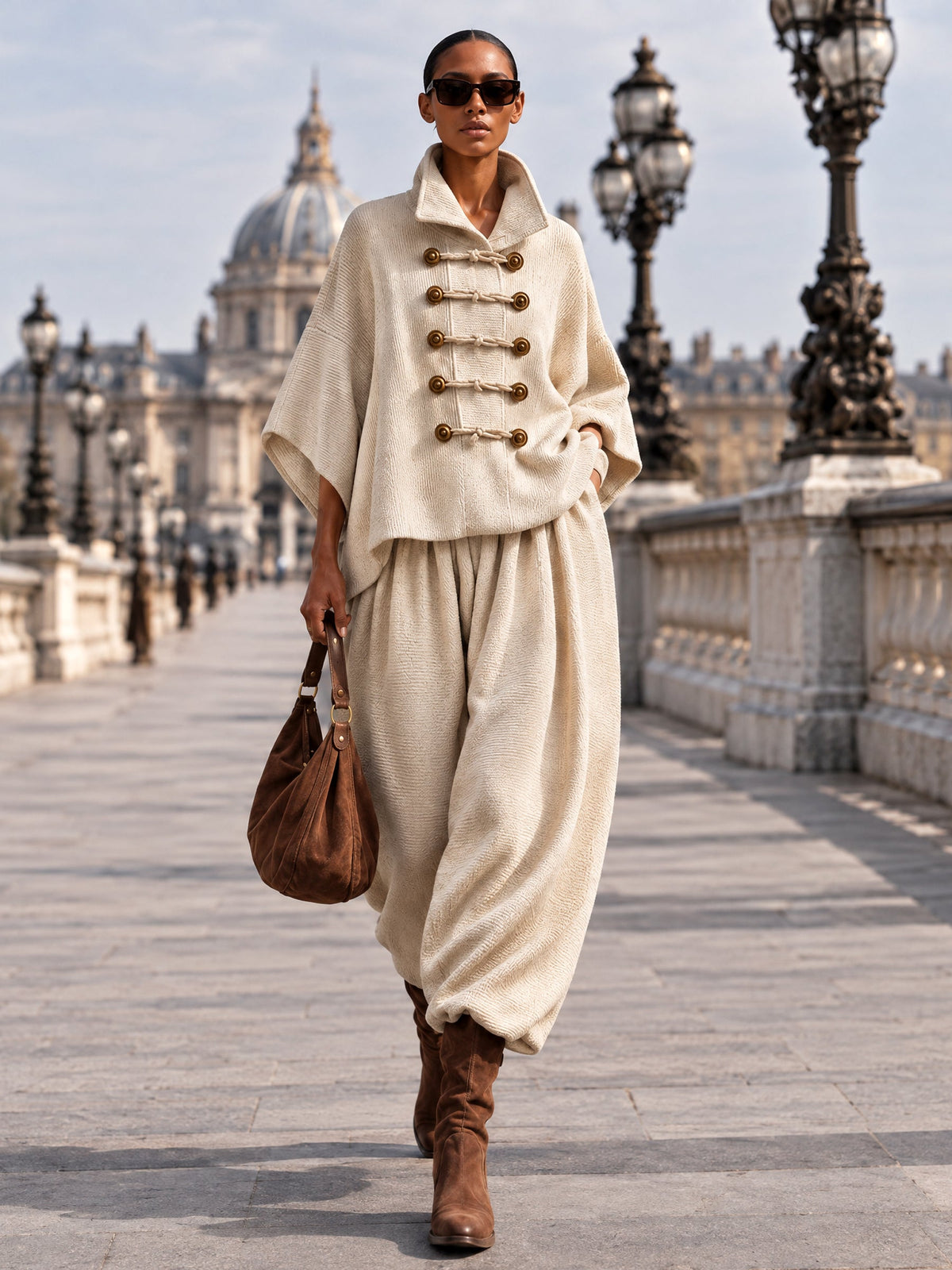 Oversized Oberteil mit Lagen-Kragen und Knebelverschluss und weite Hose Set