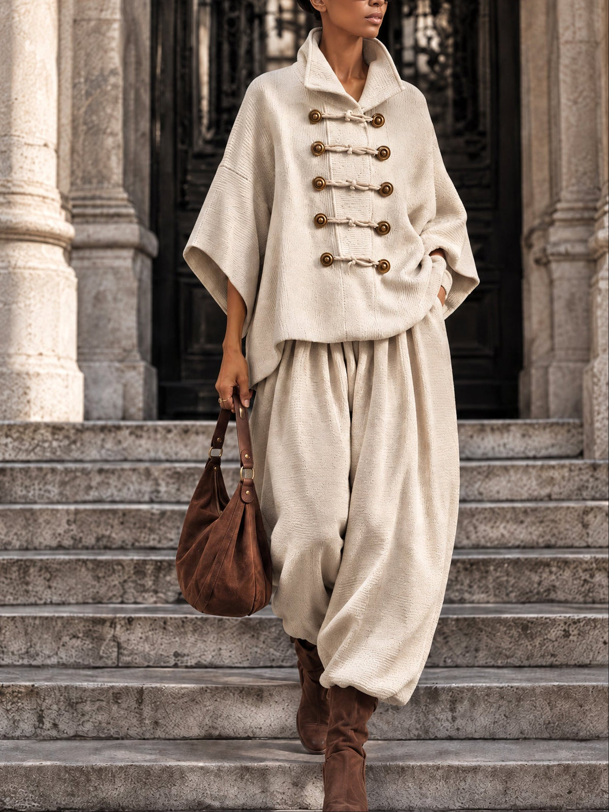 Oversized Oberteil mit Lagen-Kragen und Knebelverschluss und weite Hose Set