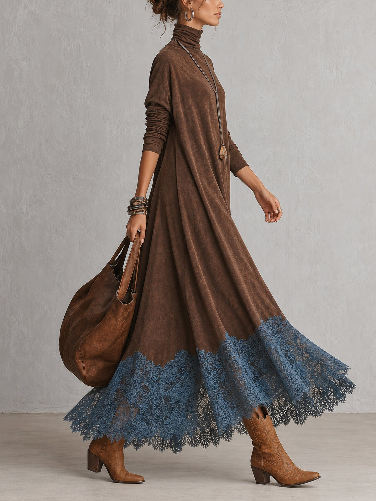 A-Linien-Kleid mit hohem Kragen, Spitzenpaneelen und langen Ärmeln