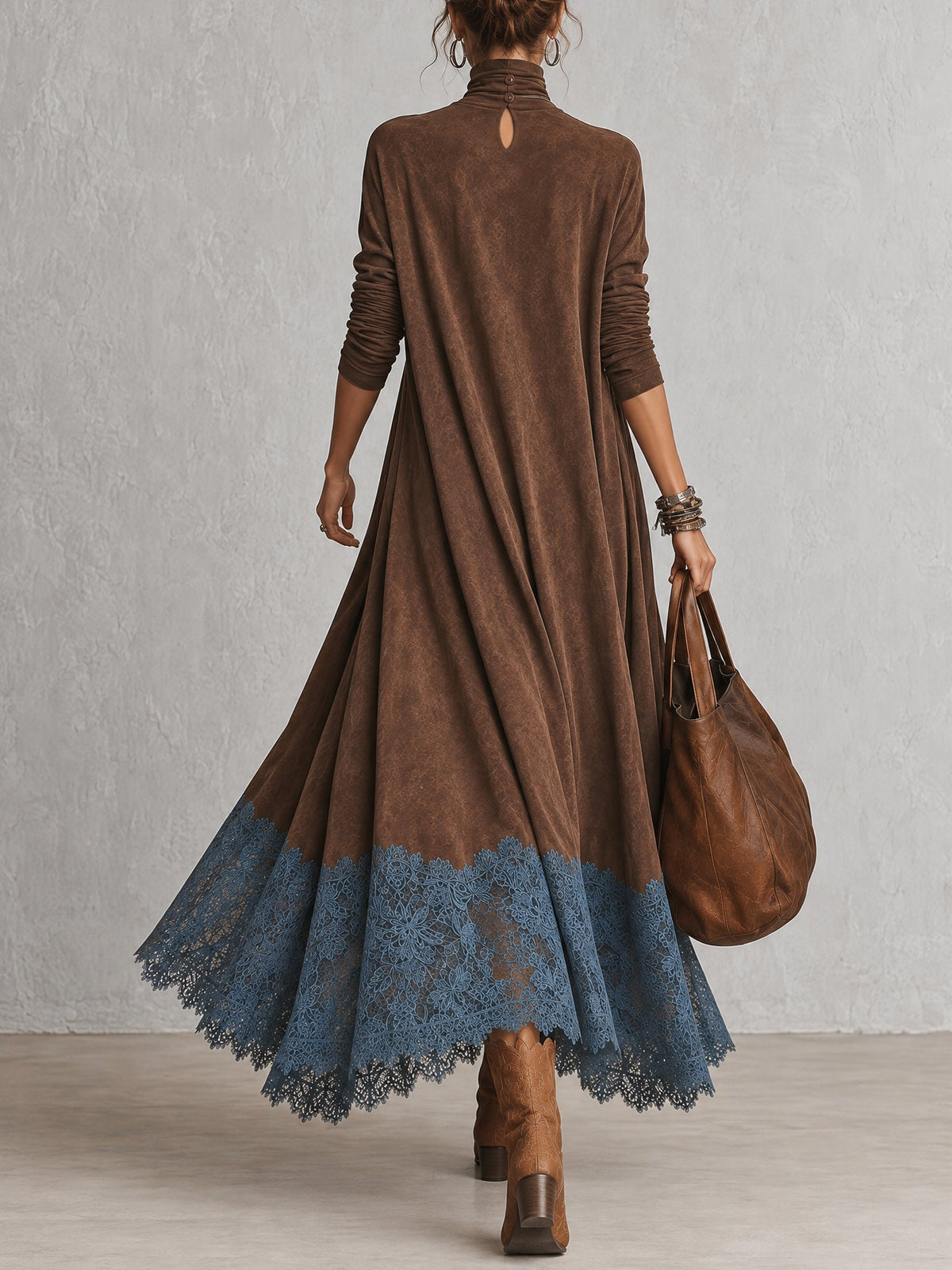 A-Linien-Kleid mit hohem Kragen, Spitzenpaneelen und langen Ärmeln