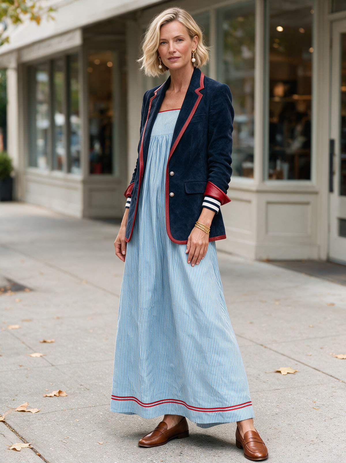 Damen Vintage-Stil Kunstwildleder Blazer mit rotem Lederbesatz