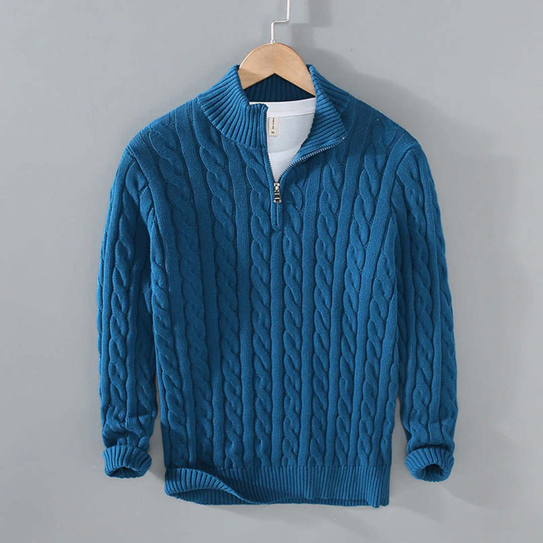 Pullover mit Zopfmuster & Stehkragen-Reißverschluss 100% Cotton – NordicClassic Knit