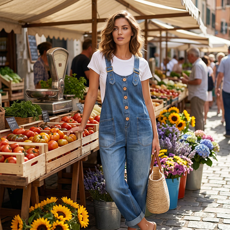 Damen Relaxed-Fit Denim-Latzhose mit tiefen Taschen