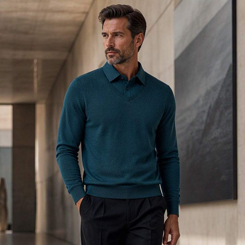 Herren Falscher Zweiteiliger Langarmshirt – Smart Casual Zweiteiliger Look Ohne Aufwand