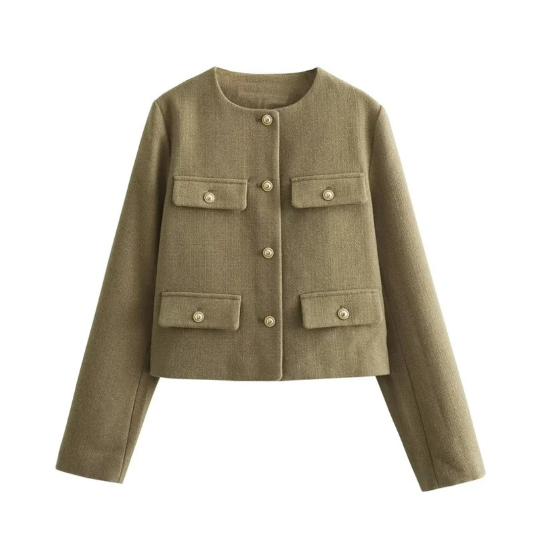 Damen Cropped Bouclé-Tweed-Jacke – Eleganter Cardigan-Blazer mit Goldknöpfen