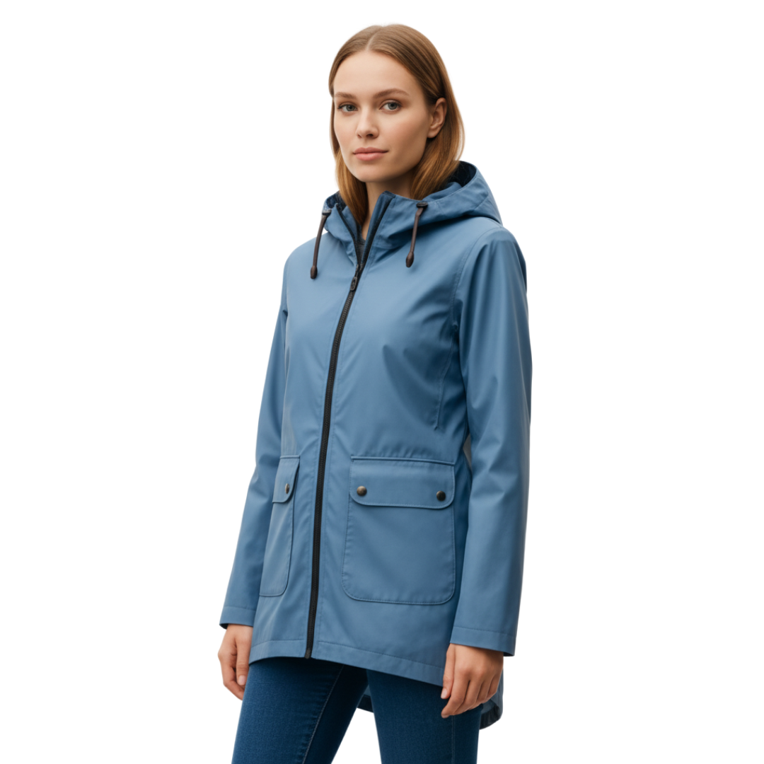 Damen langer wasserdichter Regenmantel mit Kapuze – Leichte winddichte Jacke mit Taschen