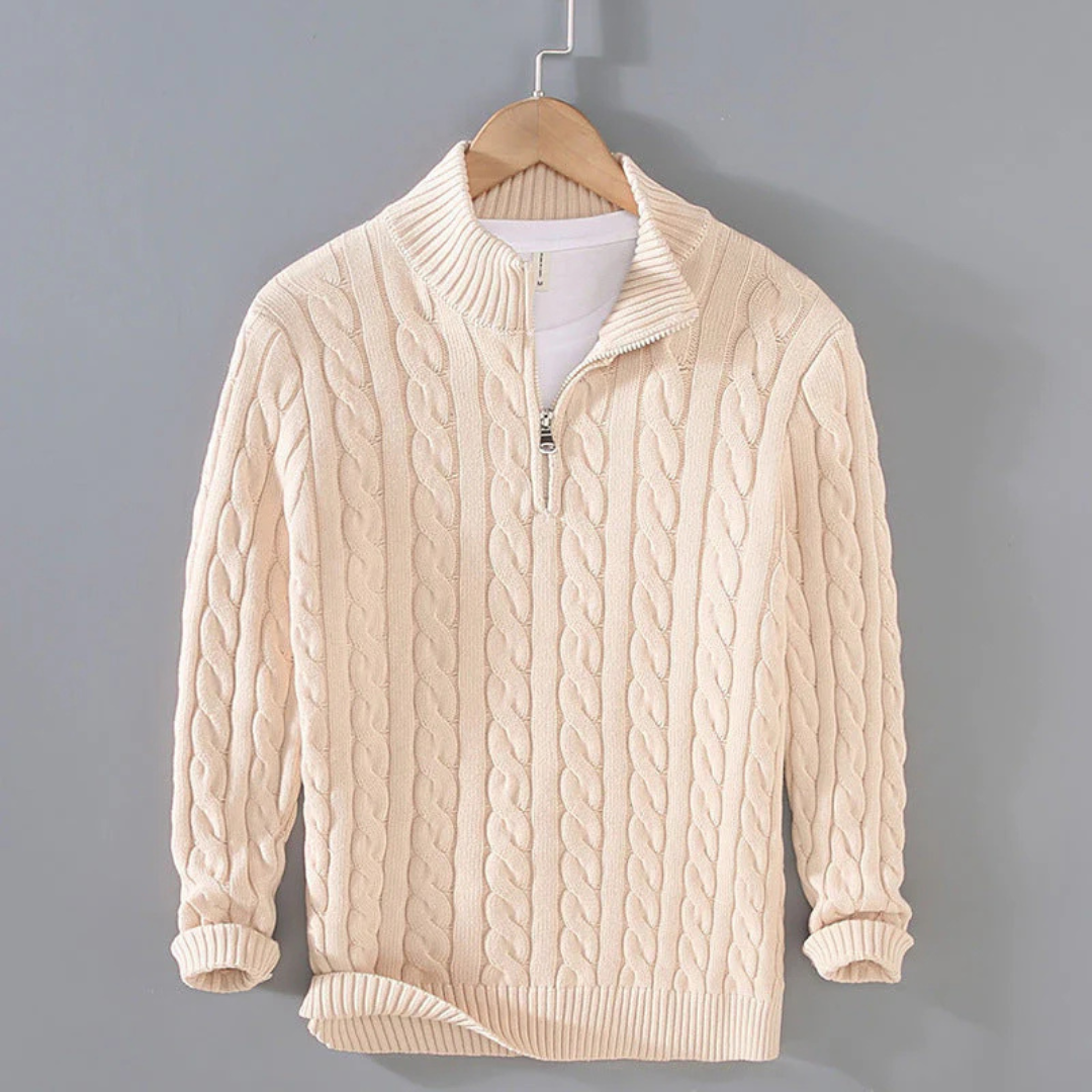 Pullover mit Zopfmuster & Stehkragen-Reißverschluss 100% Cotton – NordicClassic Knit