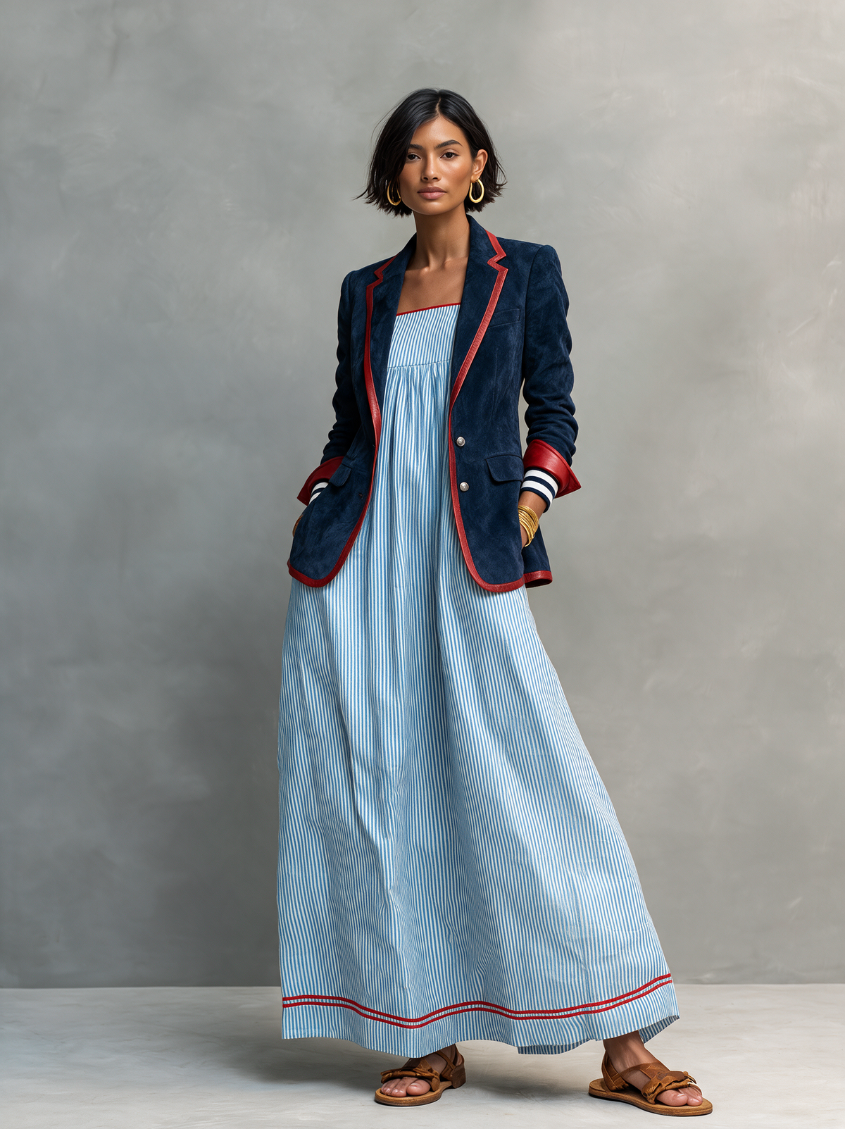 Damen Vintage-Stil Kunstwildleder Blazer mit rotem Lederbesatz