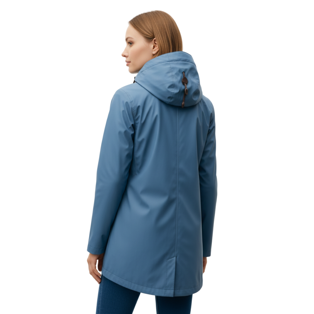 Damen langer wasserdichter Regenmantel mit Kapuze – Leichte winddichte Jacke mit Taschen