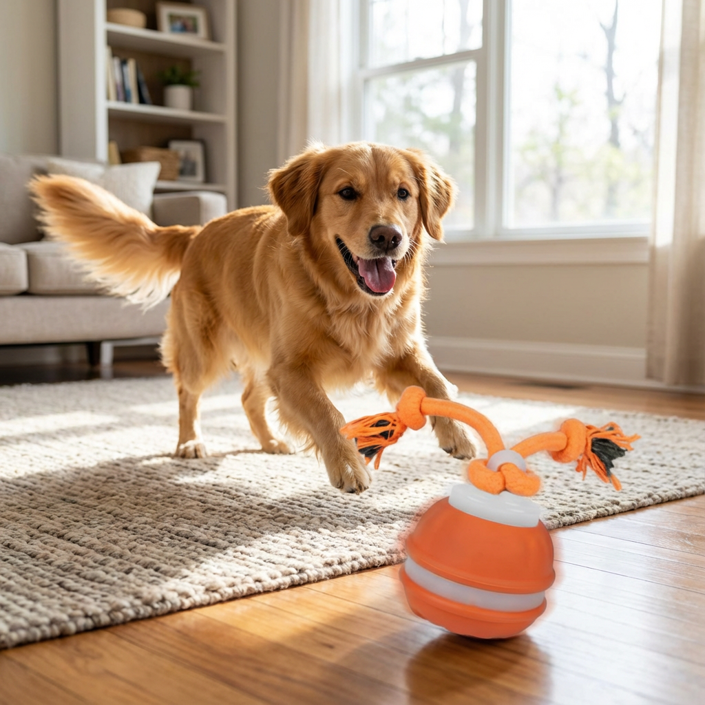 Langlebiger Hunde-Spielball mit Bewegungssensor und Zugseil in hundefreundlichen Farben