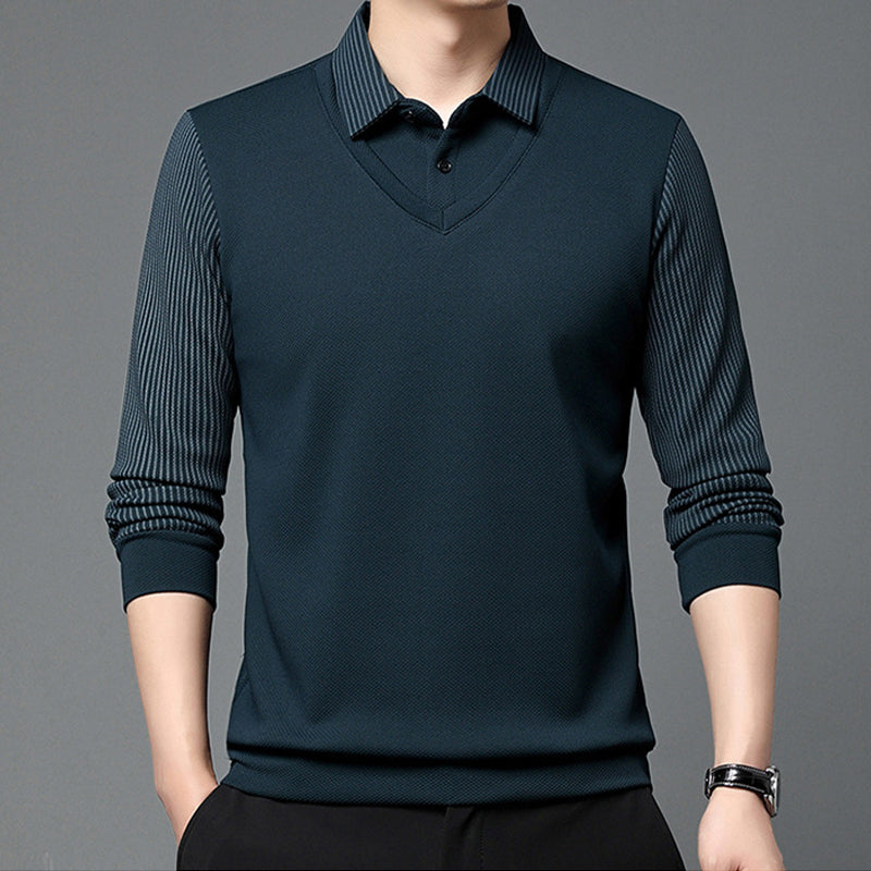 Herren Falscher Zweiteiliger Langarmshirt – Smart Casual Zweiteiliger Look Ohne Aufwand