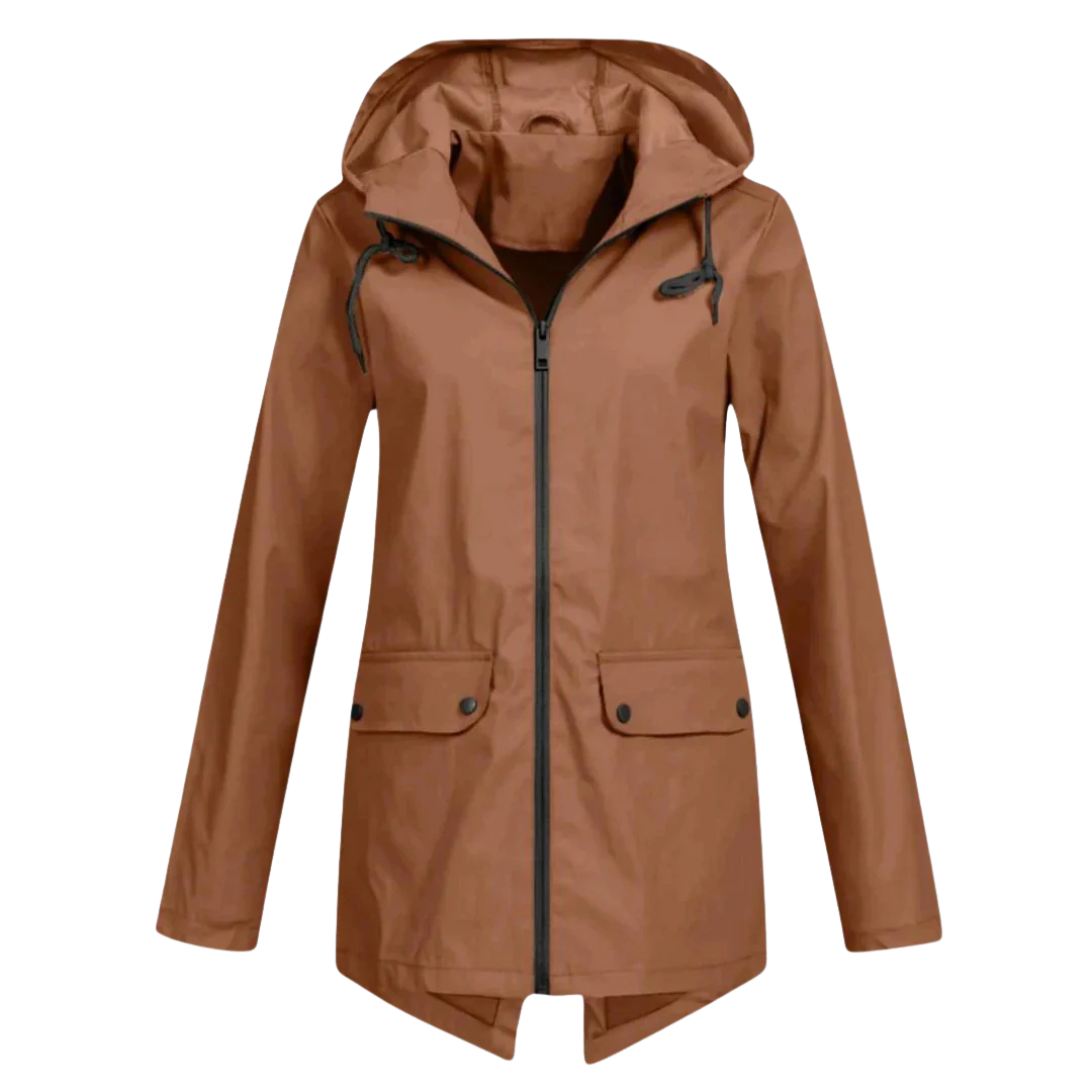 Damen langer wasserdichter Regenmantel mit Kapuze – Leichte winddichte Jacke mit Taschen