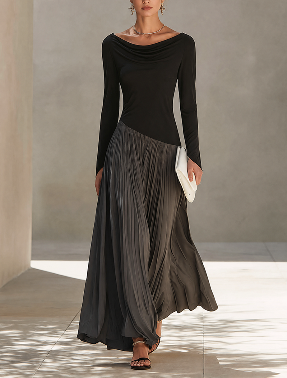 Minimalistisches Damen-Maxikleid in Zweifarbigem Color-Block-Design mit Drapiertem Ausschnitt