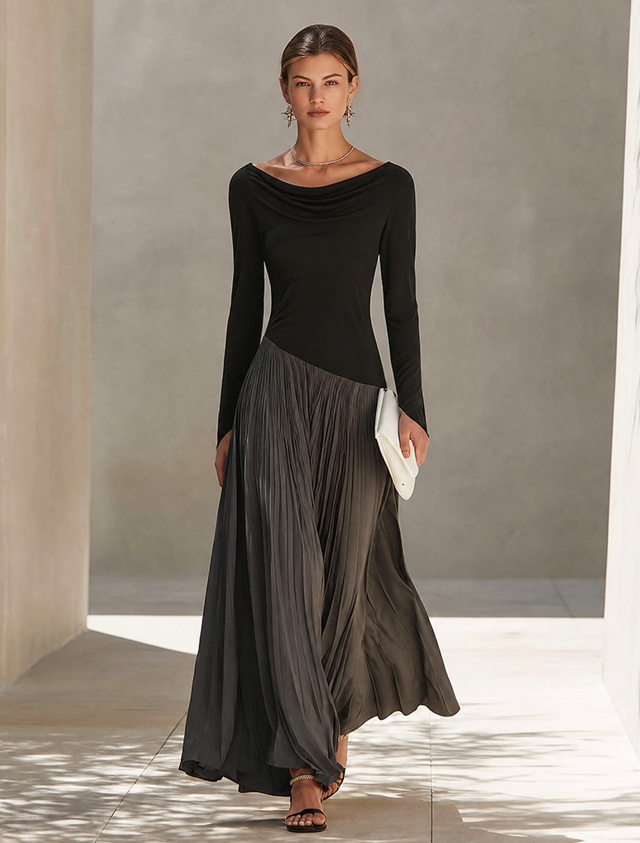 Minimalistisches Damen-Maxikleid in Zweifarbigem Color-Block-Design mit Drapiertem Ausschnitt