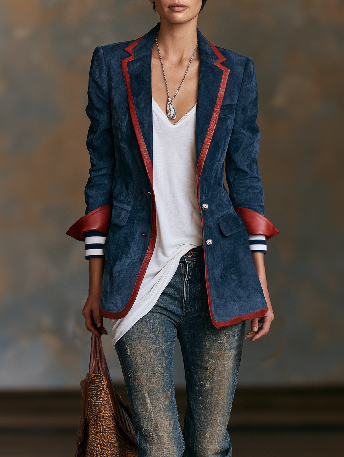 Damen Vintage-Stil Kunstwildleder Blazer mit rotem Lederbesatz