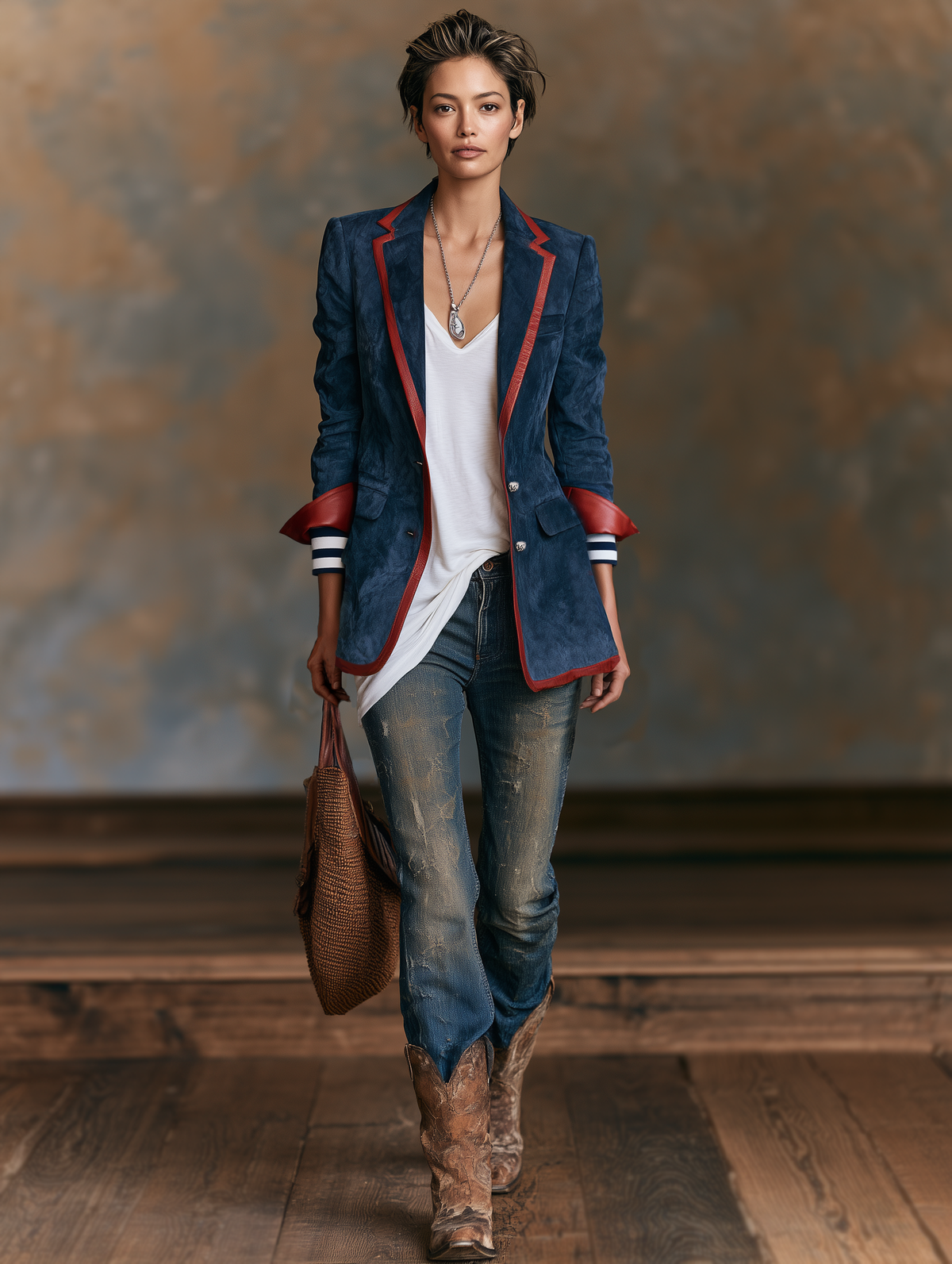 Damen Vintage-Stil Kunstwildleder Blazer mit rotem Lederbesatz