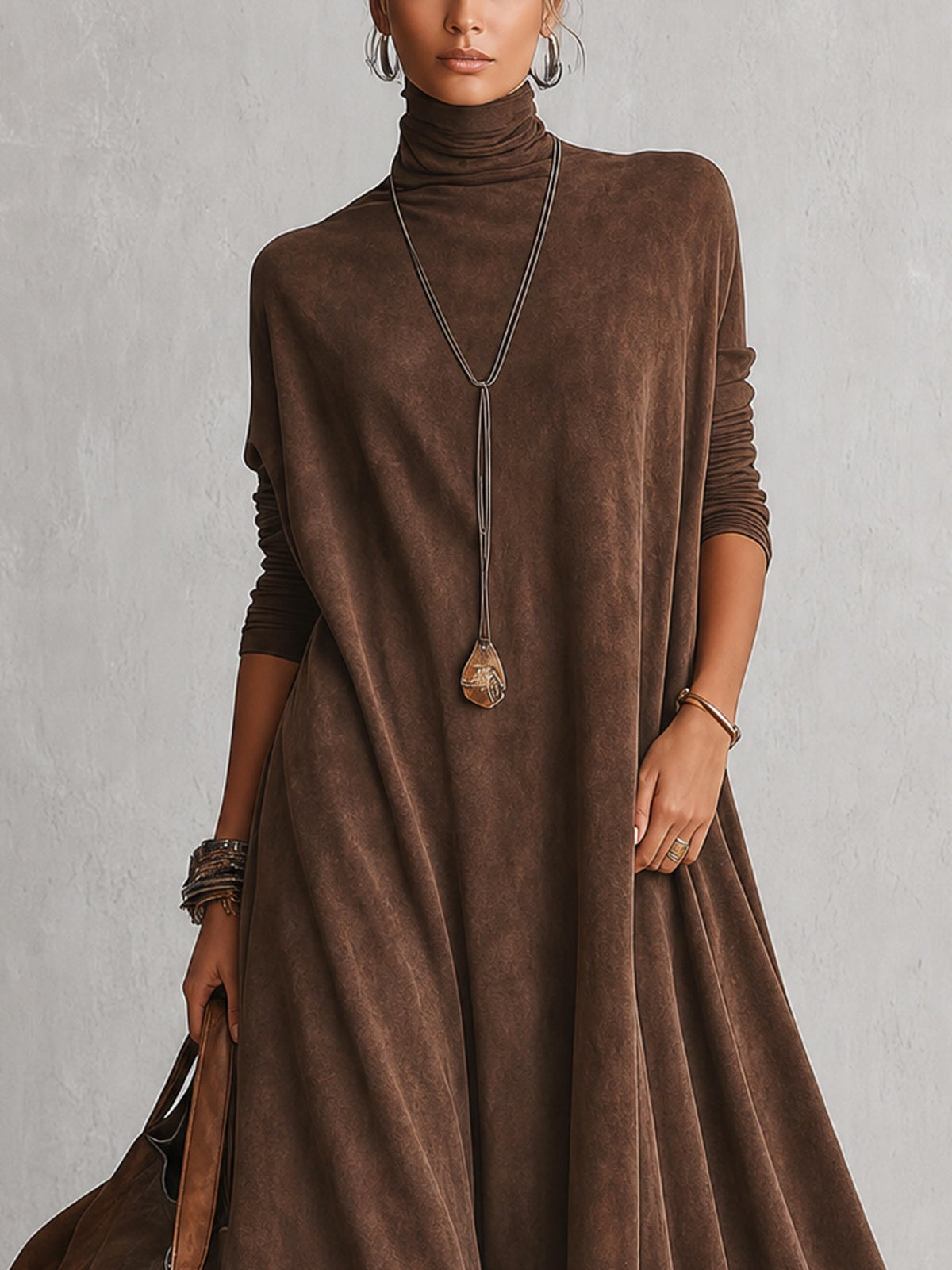 A-Linien-Kleid mit hohem Kragen, Spitzenpaneelen und langen Ärmeln