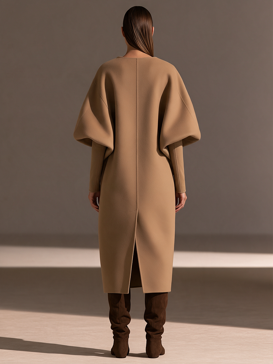 Damen Oversized-Revers Cocoon Puffärmel Lederschnalle Gürtel Aufgesetzte Taschen Longline Wollmantel