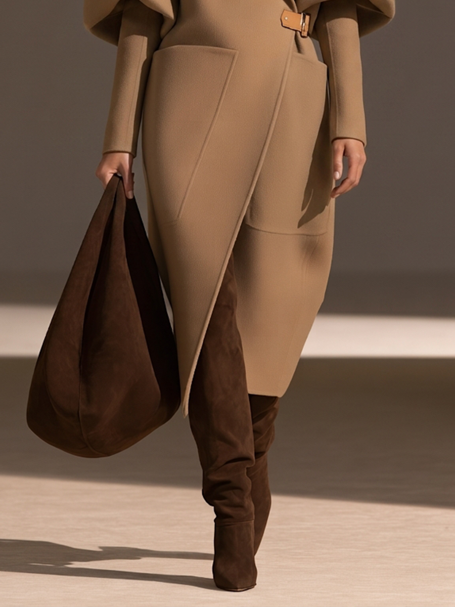 Damen Oversized-Revers Cocoon Puffärmel Lederschnalle Gürtel Aufgesetzte Taschen Longline Wollmantel