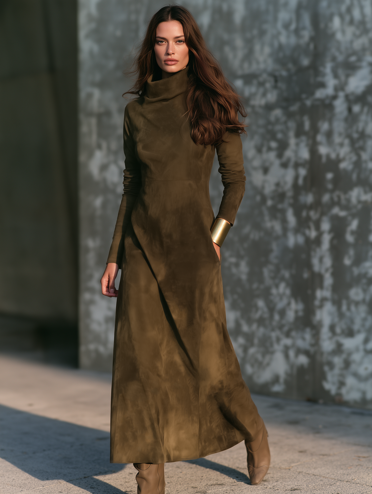 Damen Vintage-Maxikleid aus Wildlederimitat mit Stehkragen