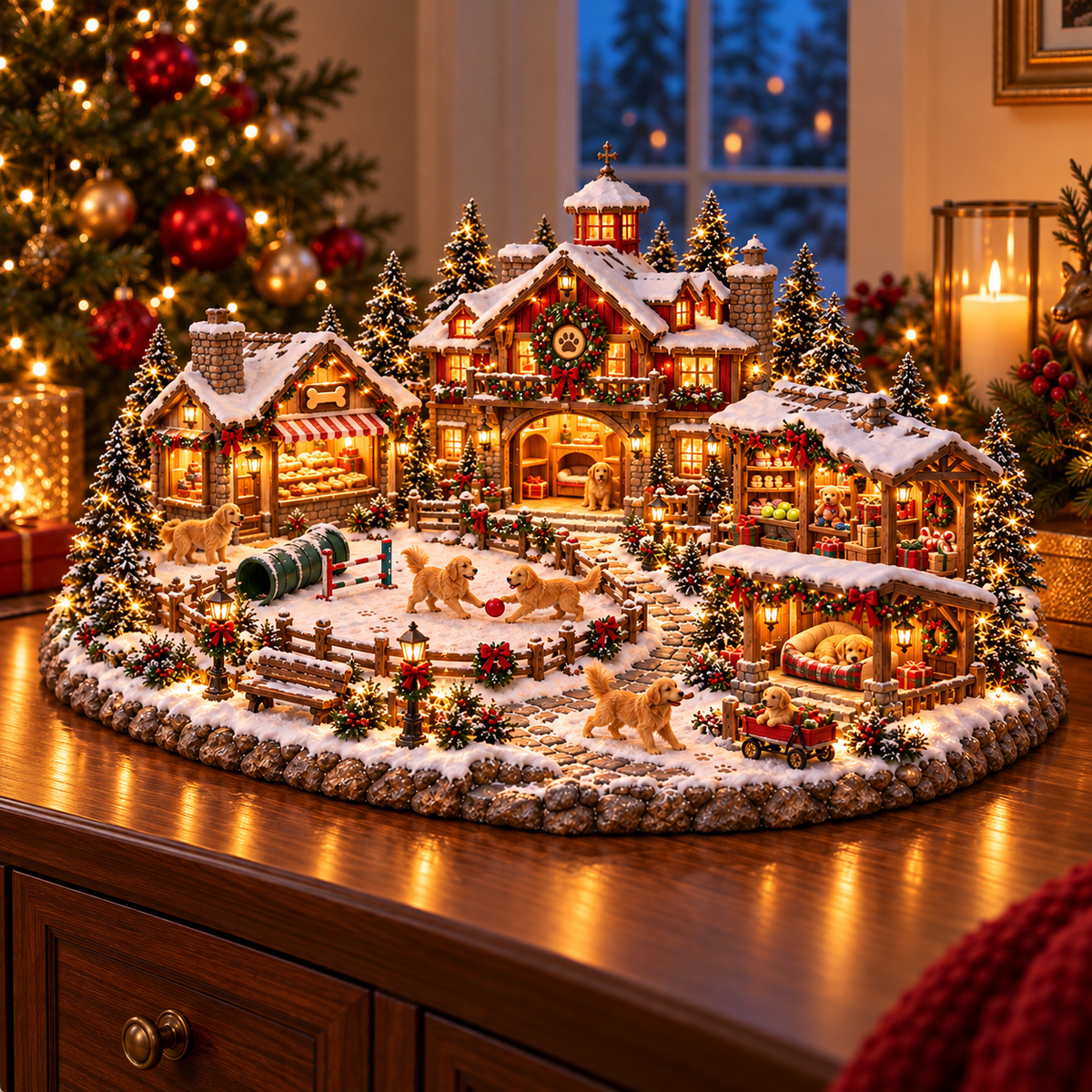 Weihnachts-Golden-Retriever-Dorf – Beleuchtete Weihnachtsszene für Hundeliebhaber