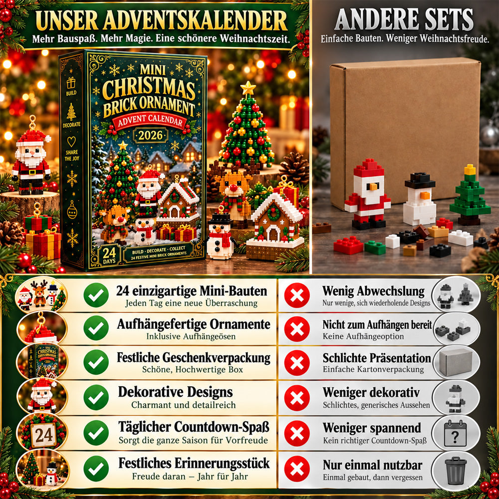 24-Tage-Mini-Weihnachtsdeko-Adventskalender | 24 einzigartige, festliche Bausets mit Aufhängeschlaufen