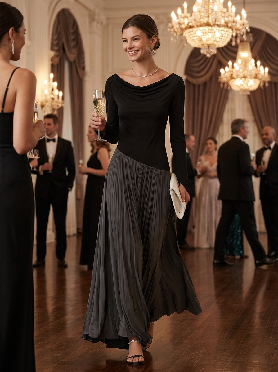 Minimalistisches Damen-Maxikleid in Zweifarbigem Color-Block-Design mit Drapiertem Ausschnitt