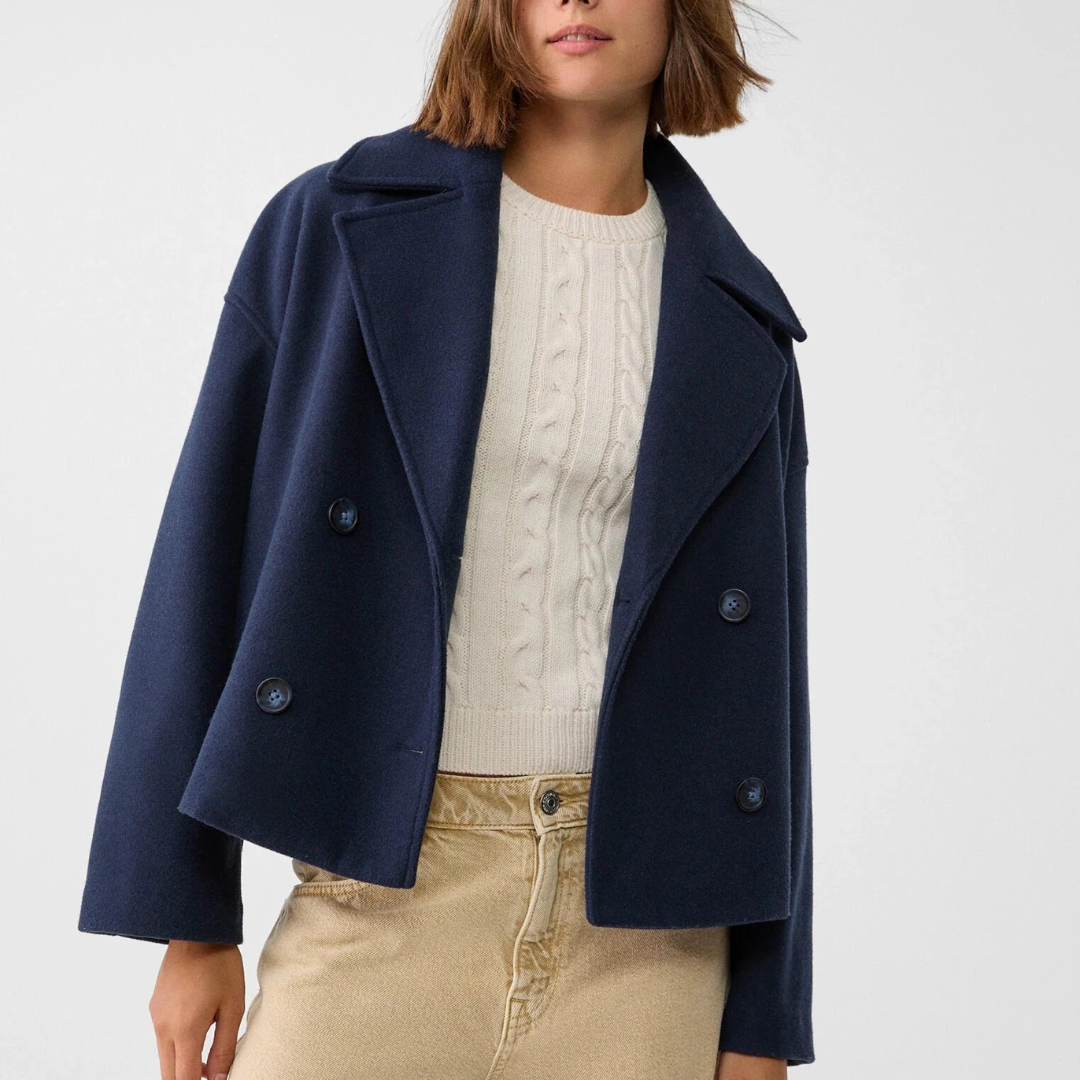 Damen Kurz geschnittener Wollmantel – Vintage Zweireihige Jacke