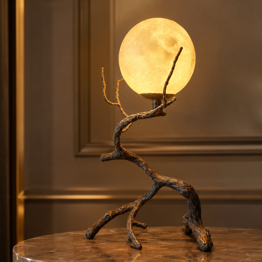 Rustikale Tischleuchte Mond mit Holzmaserung