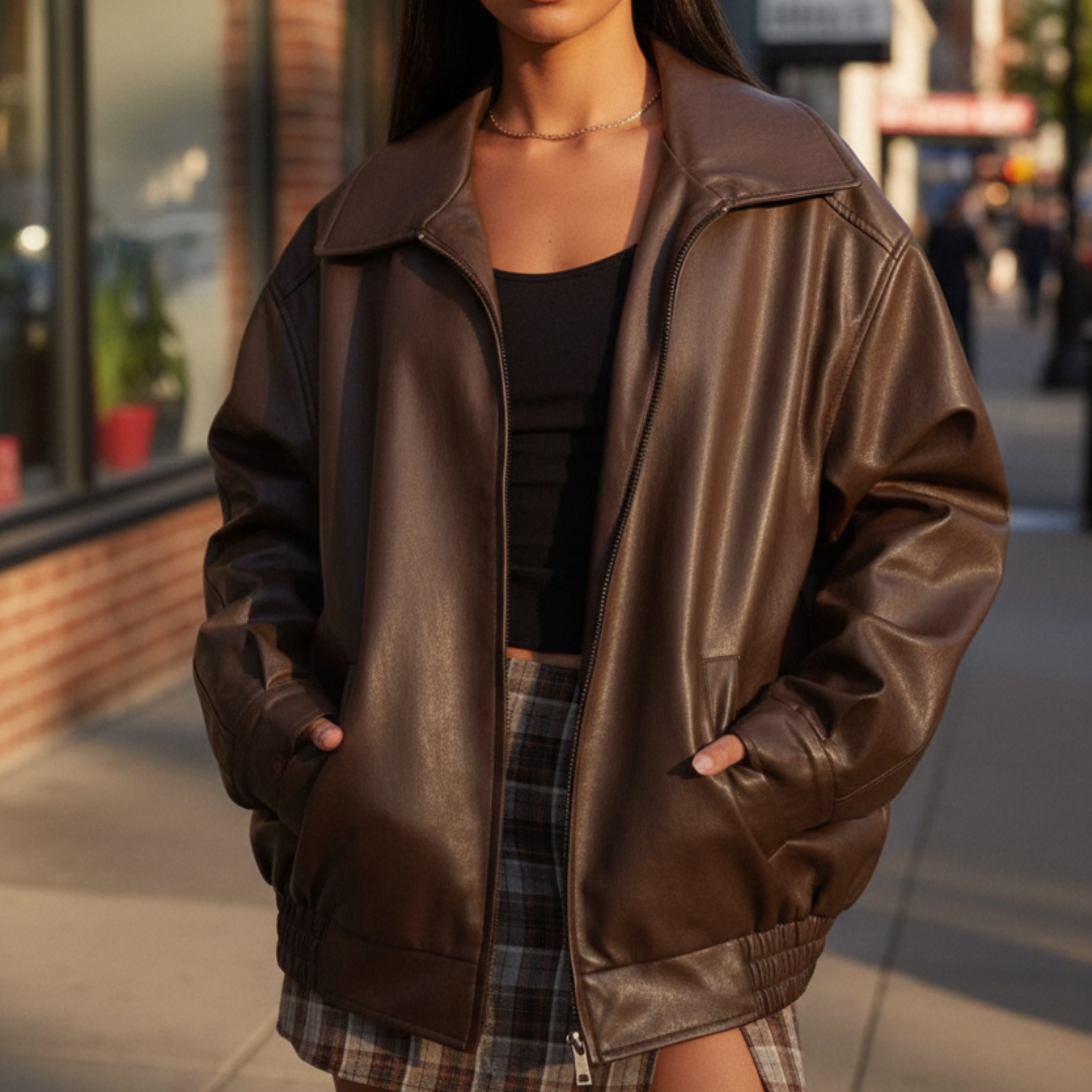 Lederjacke Damen Oversize mit Reißverschluss & Taschen – UrbanEase Layer