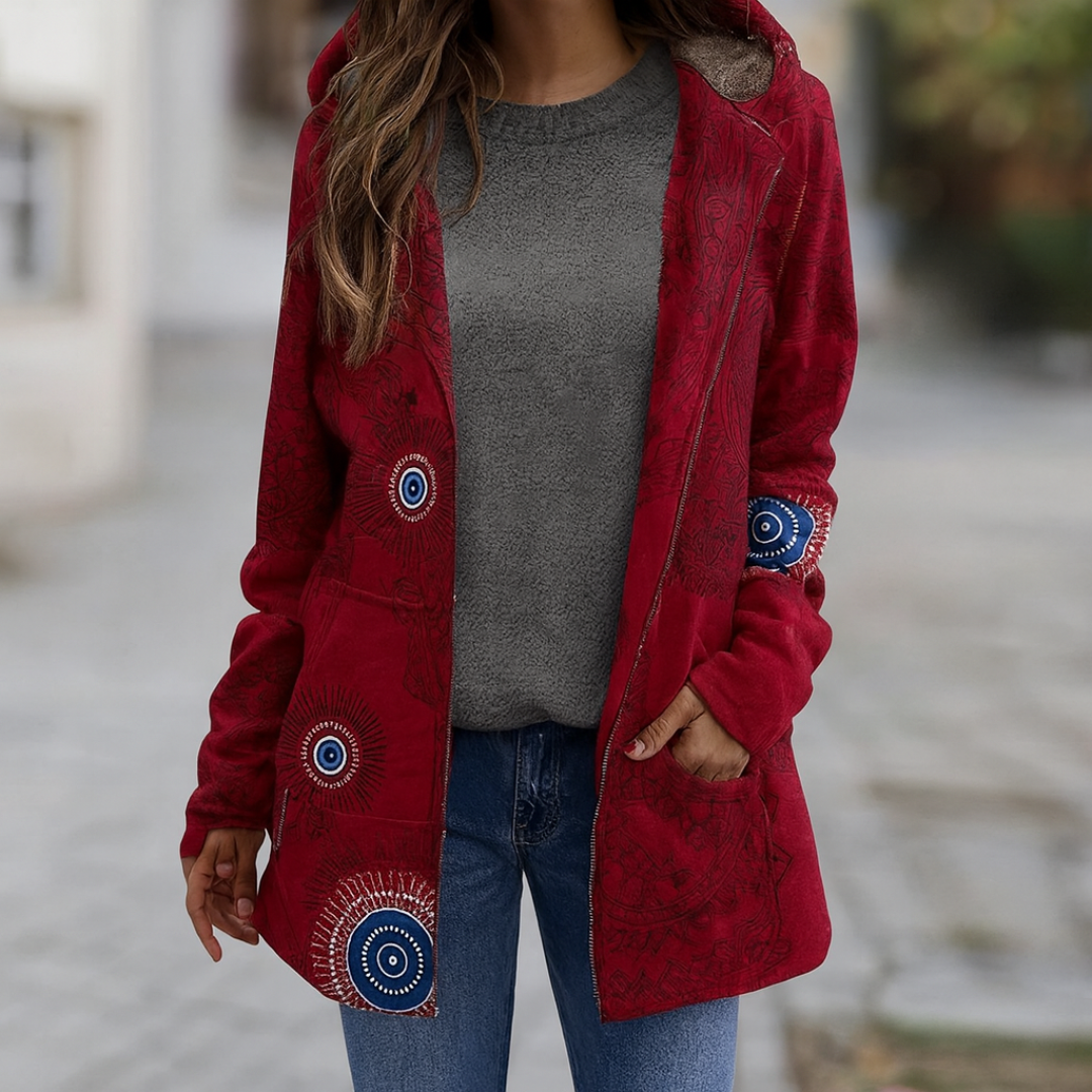 Warme Boho Kapuzenjacke mit Fleecefutter & Ethno-Muster – Liora Coat
