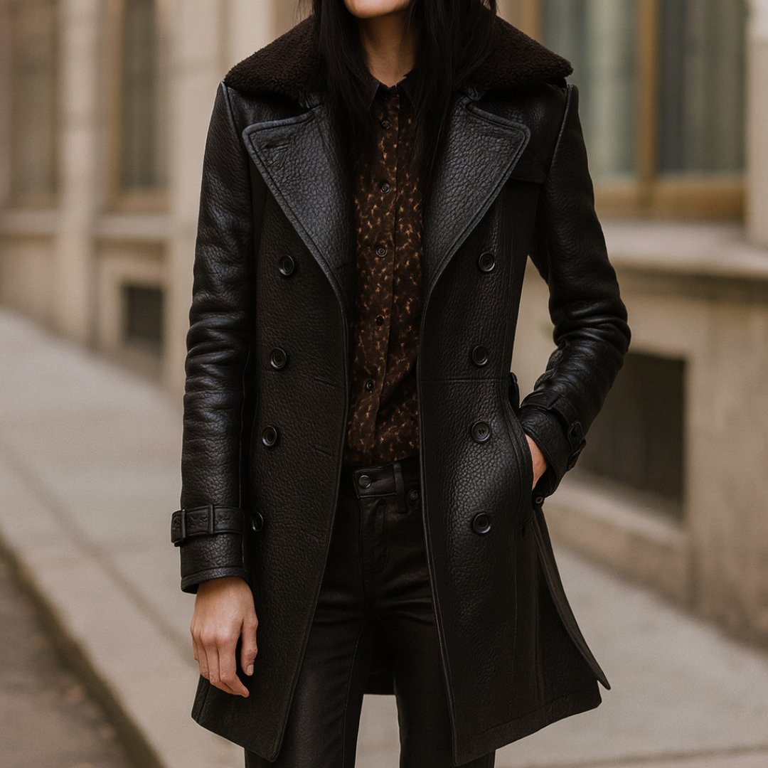 Leder Mantel Damen 3/4 Länge mit Tailliertem Schnitt – NoirÉlégance Coat