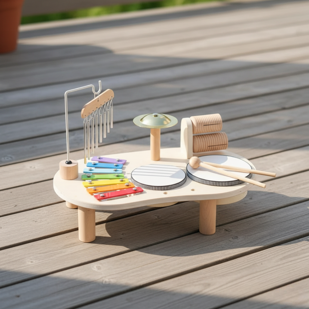 Spielzeug Musiktisch aus Holz mit Xylophon, Trommeln & Becken – KlangZauber Tisch