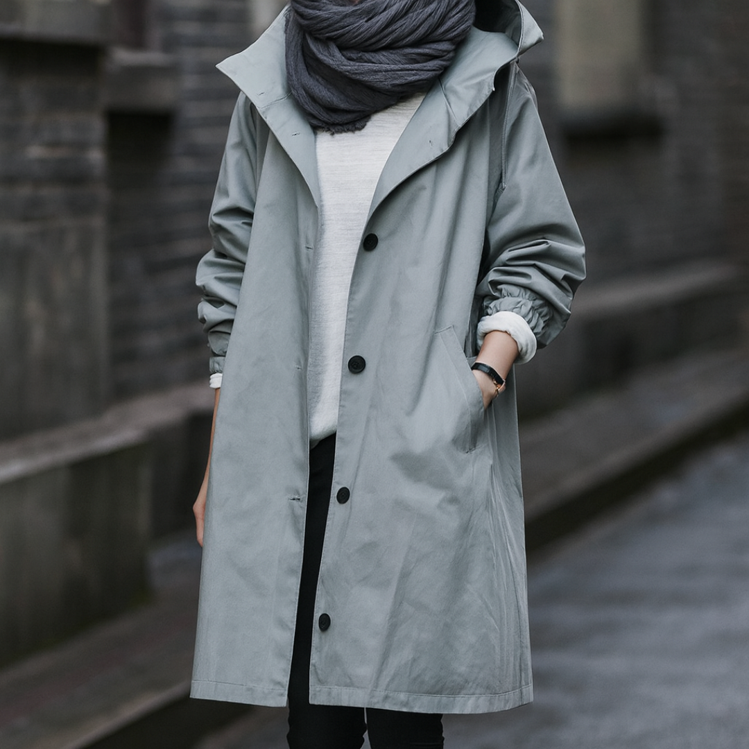 Trenchcoat Damen wasserabweisend mit Kapuze & Oversize-Passform – RainLuxe Coat