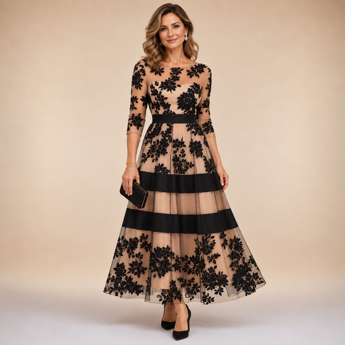 Blumenspitze Midi Abendkleid
